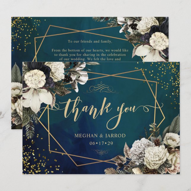 Tarjeta De Agradecimiento Boda Romántico Floral Gold Wreath (Anverso / Reverso)