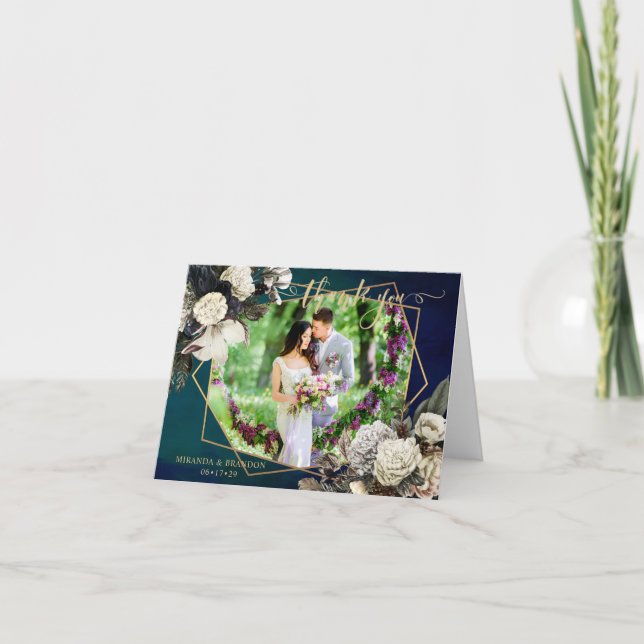 Tarjeta De Agradecimiento Boda Romántico Floral Gold Wreath (Anverso)
