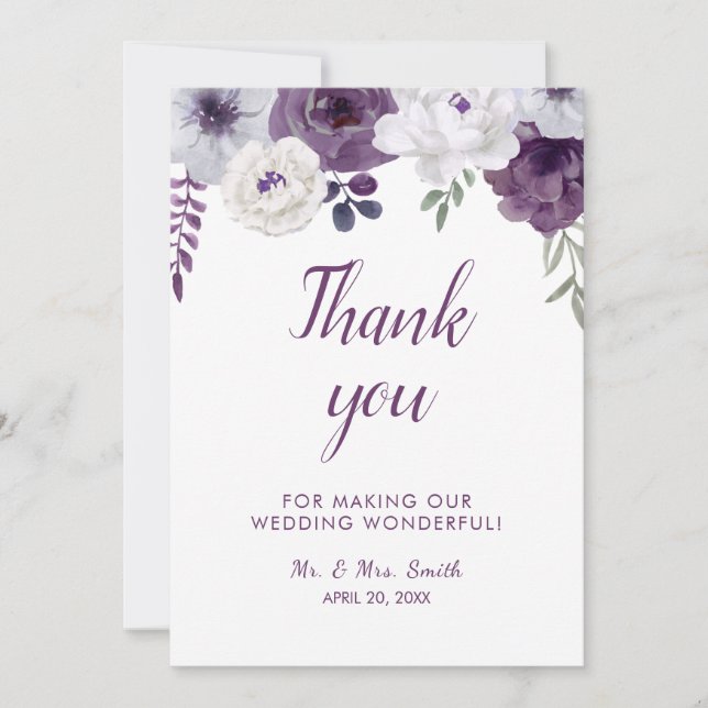 Tarjeta De Agradecimiento Boda romántico floral morado plateado personalizad (Anverso)