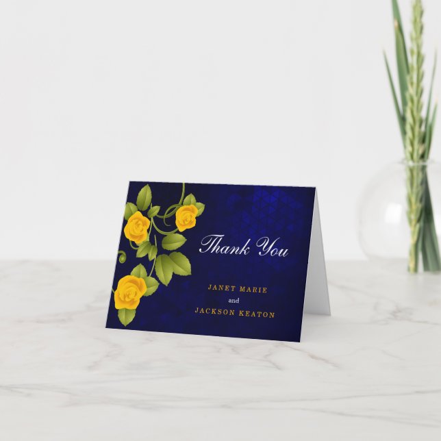 Tarjeta De Agradecimiento Boda rosa azul oscuro y amarillo marino (Anverso)