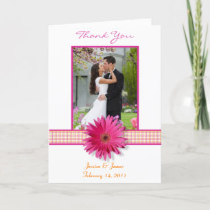 Tarjeta De Agradecimiento Boda Rosa Gerbera Daisy Plaid. Gracias.
