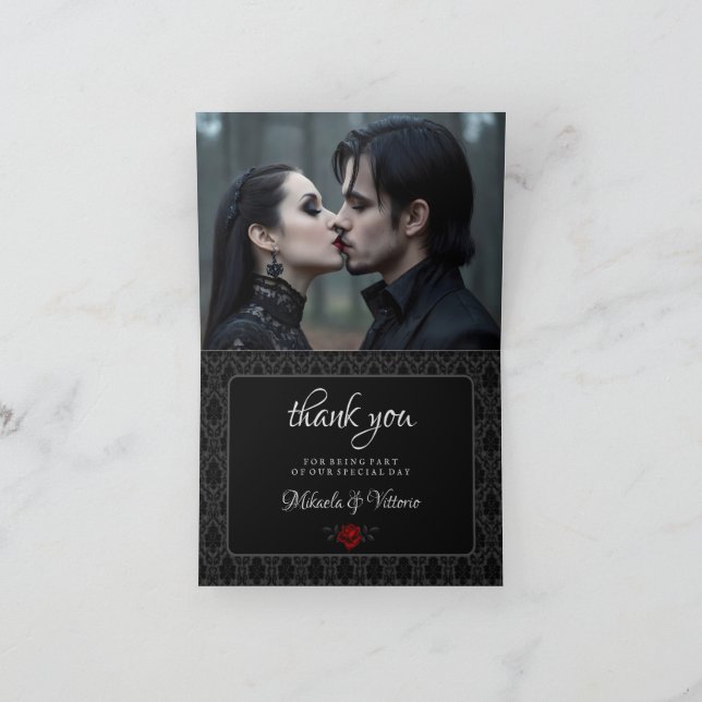 Tarjeta De Agradecimiento Boda Rosa Negra Damasco Gótico (Interior)