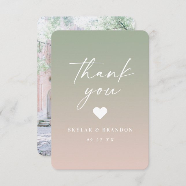 Tarjeta De Agradecimiento Boda rosa suave de hoja de ocmbre verde y polvo (Anverso / Reverso)