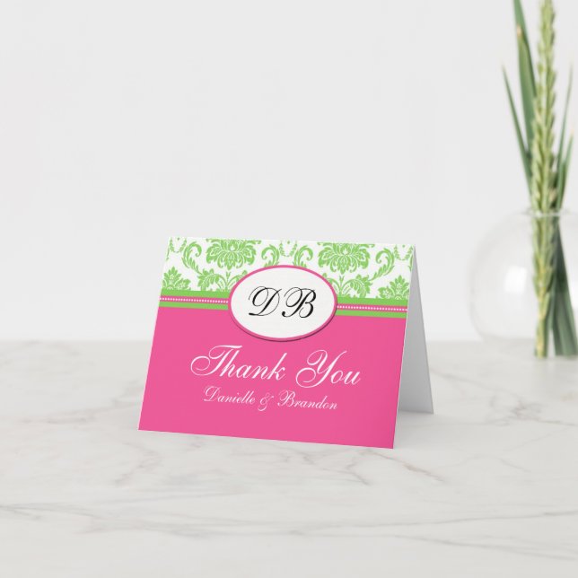 Tarjeta De Agradecimiento Boda rosa y verde gracias (Anverso)