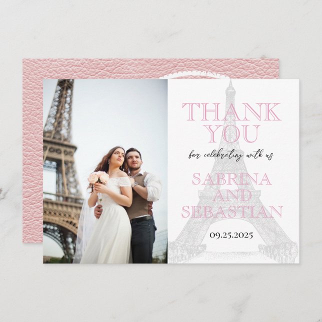 Tarjeta De Agradecimiento Boda rosado de París. Gracias (Anverso / Reverso)
