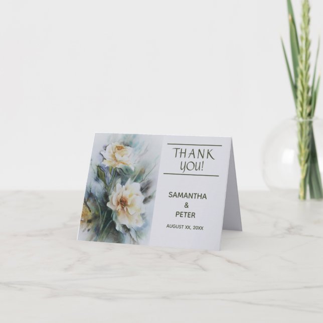 Tarjeta De Agradecimiento Boda, Rosas de acuarela, verde sabio, elegante (Anverso)