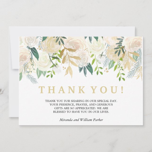 Tarjeta De Agradecimiento Boda Rosas de Marfil Floral Gracias menta (Anverso)