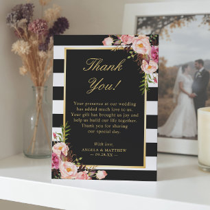 Tarjeta De Agradecimiento Boda Rubor Floral Black White Stripes