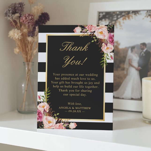 Tarjeta De Agradecimiento Boda Rubor Floral Black White Stripes (Subido por el creador)