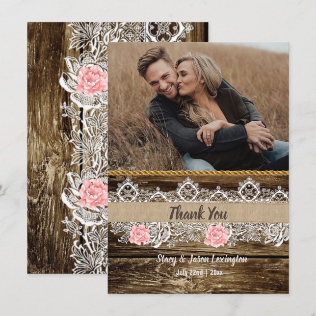 Tarjeta De Agradecimiento Boda Rustic Barnwood & Lace (Anverso / Reverso)