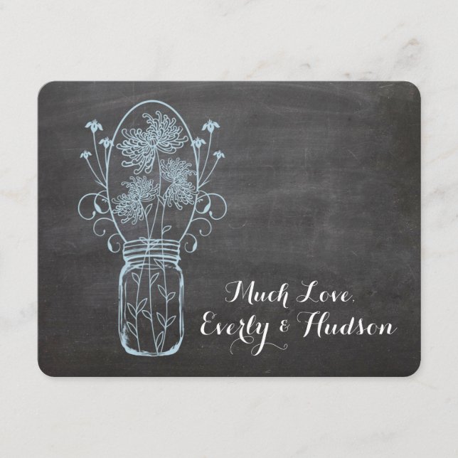 Tarjeta De Agradecimiento Boda Rustic Blue Mason Jar Chalkboard (Anverso)