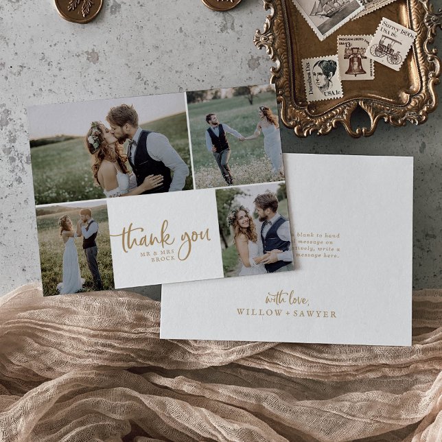 Tarjeta De Agradecimiento Boda Rustic Gold Script 4 Collage de fotos (Subido por el creador)