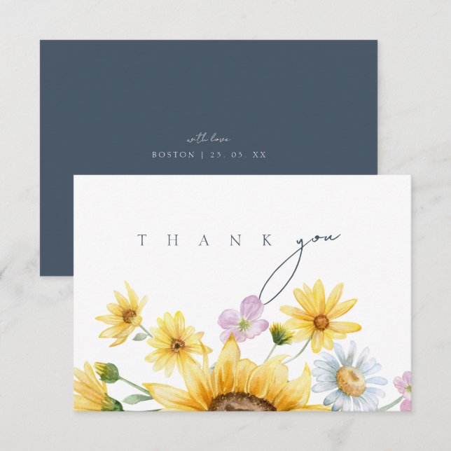 Tarjeta De Agradecimiento Boda Rustic Royal Blue Opulence Sunflowers (Anverso / Reverso)
