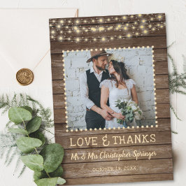 Tarjeta De Agradecimiento Boda Rustic Wood and String Lights