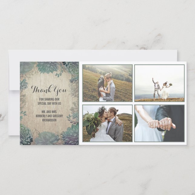 Tarjeta De Agradecimiento Boda Rustic Wood and Succultives Gracias (Anverso)