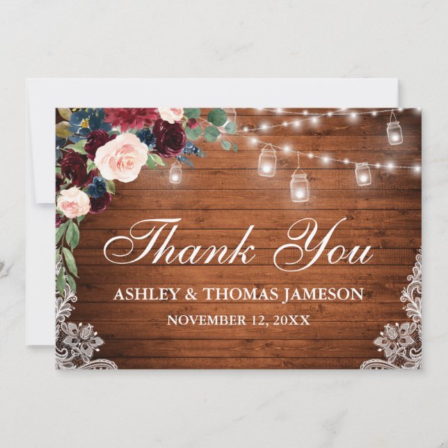 Tarjeta De Agradecimiento Boda Rustic Wood Jar Lights Lace Floral (Anverso)