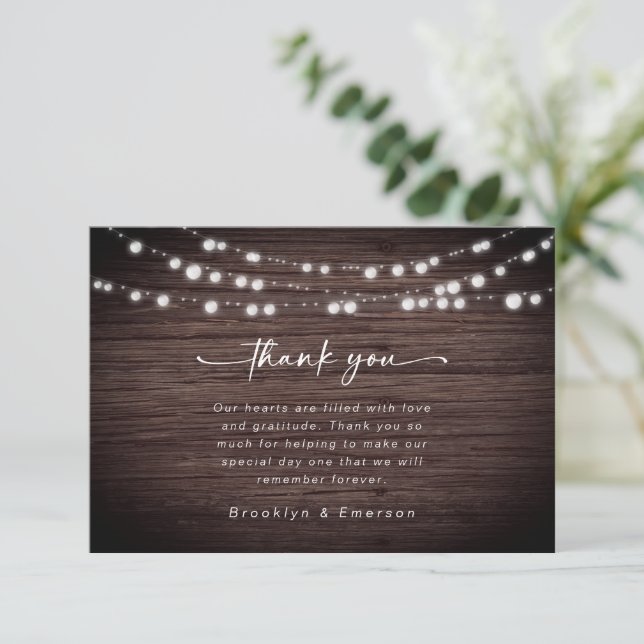 Tarjeta De Agradecimiento Boda Rustic Wood Lights (Anverso de pie)