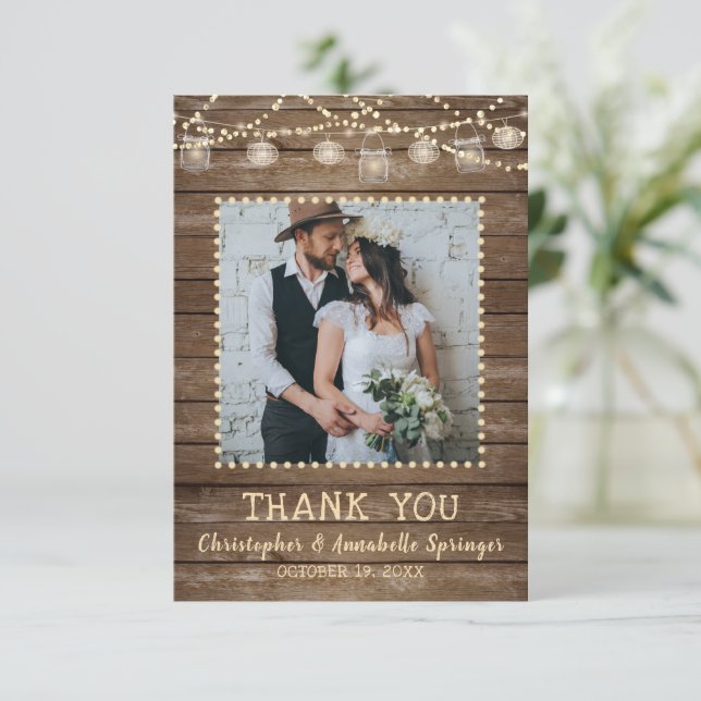 Tarjeta De Agradecimiento Boda Rustic Wood Mason Jar Lights Gracias (Anverso de pie)