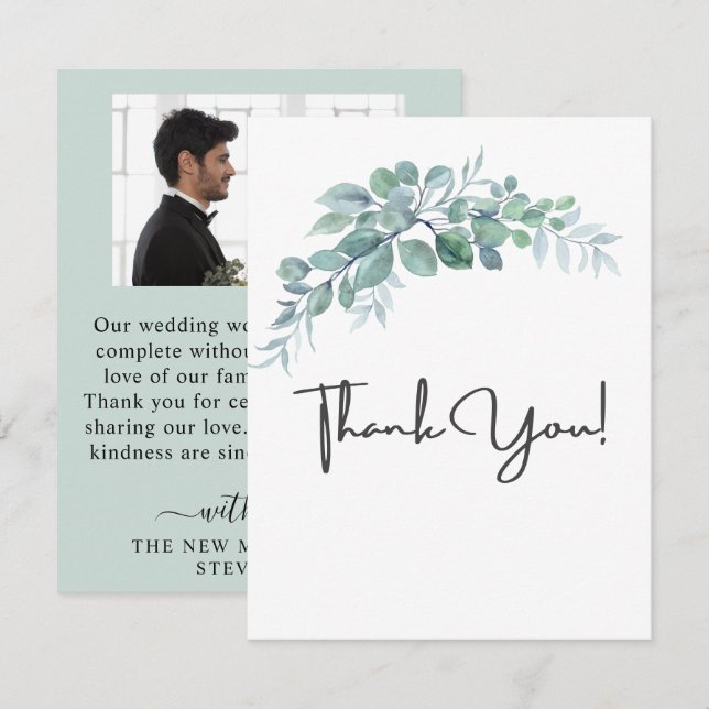 Tarjeta De Agradecimiento Boda Rústica Acuarela Verde Eucalipto (Anverso / Reverso)
