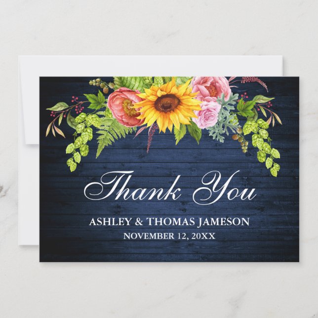 Tarjeta De Agradecimiento Boda Rústica Azul Madera Flor de Girasol Floral (Anverso)