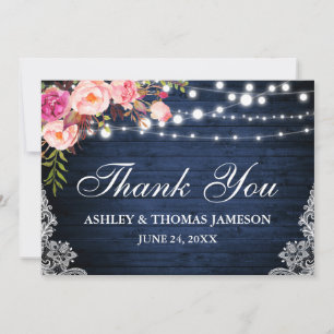 Tarjeta De Agradecimiento Boda Rústica Azul Madera Rosa Flores Luces Encaje
