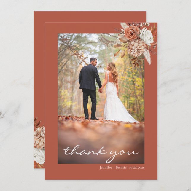 Tarjeta De Agradecimiento Boda Rústica Bohemiana de Floral Marrón de Terraco (Anverso / Reverso)