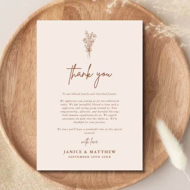 Tarjeta De Agradecimiento Boda Rústica Boho Terracota Naranja Quemada (Terracotta burnt orange rustic thank you card conveys heartfelt gratitude with warm, personal charm)