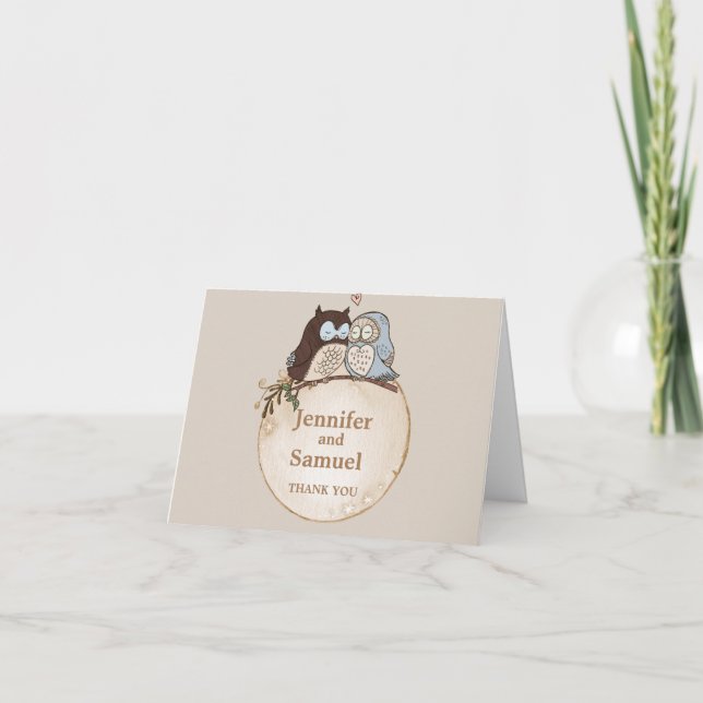 Tarjeta De Agradecimiento Boda Rústica Bosque Búho   (Anverso)
