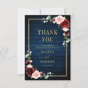 Tarjeta De Agradecimiento Boda Rústica Burgundy Floral Oro Azul Marino