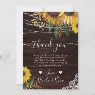 Tarjeta De Agradecimiento Boda Rústica con Girasoles y Luces de Cadenas