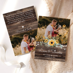 Tarjeta De Agradecimiento Boda rústica con girasoles y madera de eucalipto