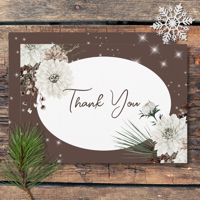Tarjeta De Agradecimiento Boda Rústica de Cocoa y Pino con Brillo Invernal (Rustic Cocoa Pine Winter Sparkle Wedding Thank You Card)