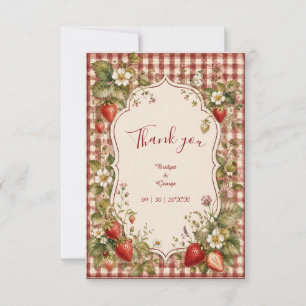 Tarjeta De Agradecimiento Boda rústica de fresa cottage Gingham Jardín