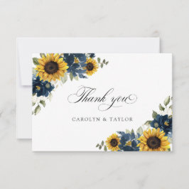Tarjeta De Agradecimiento Boda Rústica de Girasoles Azul Marino Floral