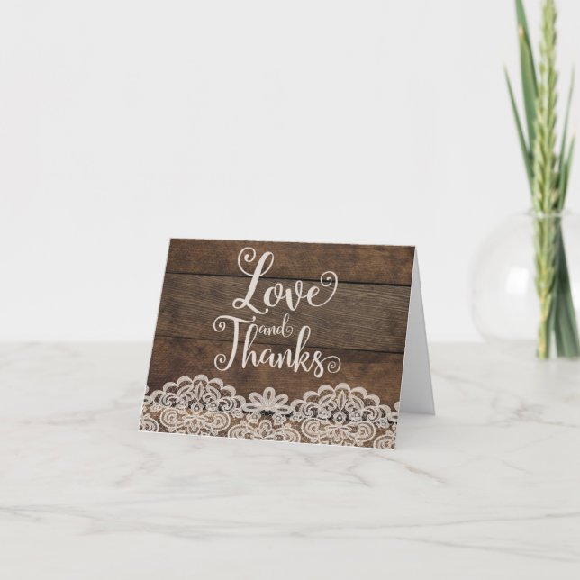 Tarjeta De Agradecimiento Boda rústica de la madera y el encaje (Anverso)