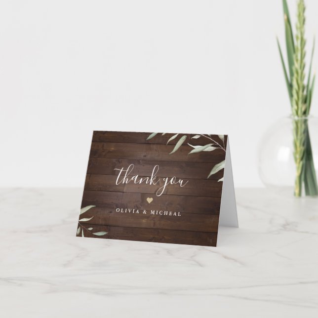 Tarjeta De Agradecimiento Boda rústica de madera de granero con vegetación e (Anverso)