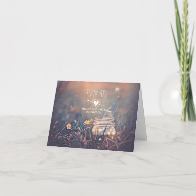 Tarjeta De Agradecimiento Boda Rústica Gracias con Luciérnagas Frasco de Mas (Anverso)