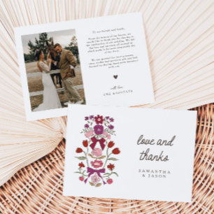 Tarjeta De Agradecimiento Boda Rústica Magenta con Lazo y Flor