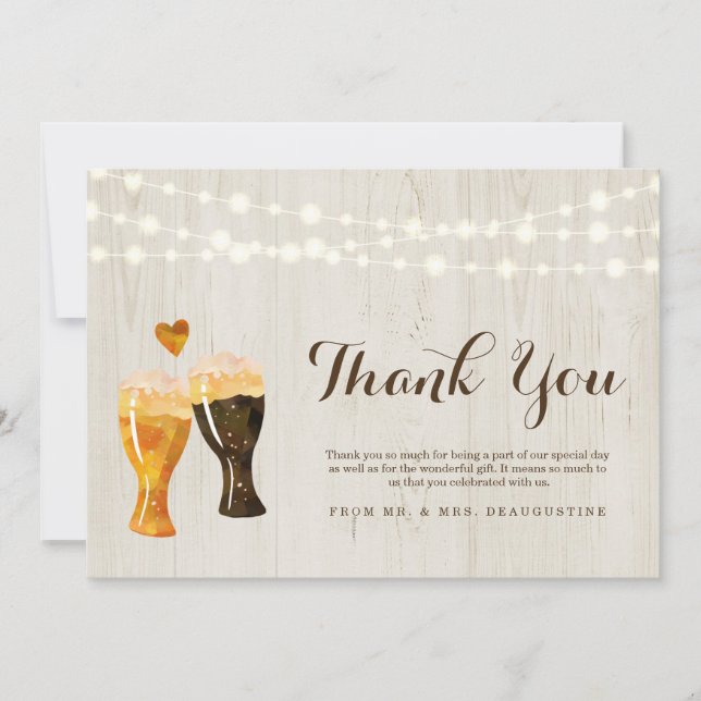 Tarjeta De Agradecimiento Boda rústica personalizada de la cerveza de la (Anverso)