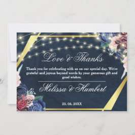 Tarjeta De Agradecimiento Boda Rústico Blue Flower Gold Wood String Lights
