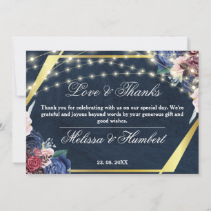 Tarjeta De Agradecimiento Boda Rústico Blue Flower Gold Wood String Lights