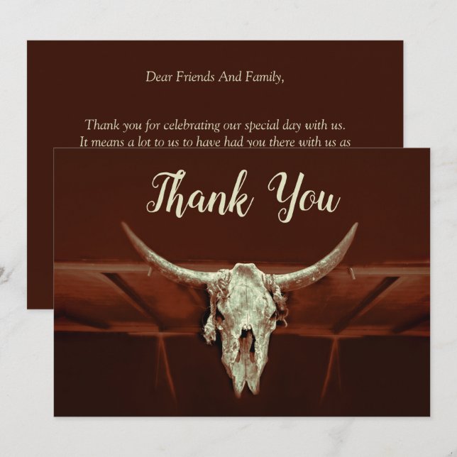 Tarjeta De Agradecimiento Boda Rústico Brown País de cráneo de toro occident (Anverso / Reverso)