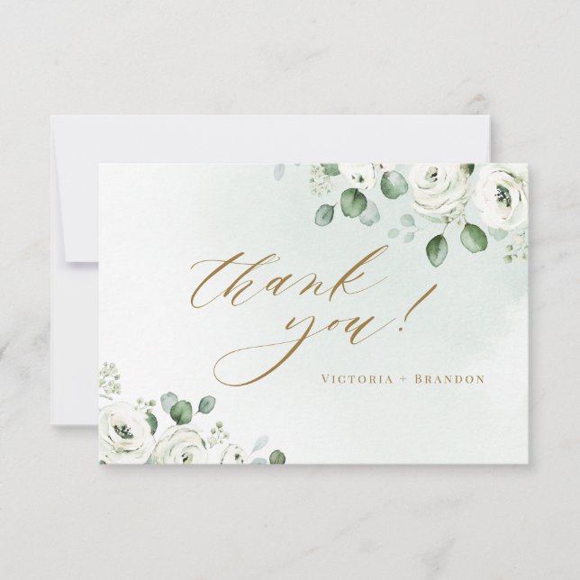 Tarjeta De Agradecimiento Boda rústico de flores blancas de eucalipto (Anverso)