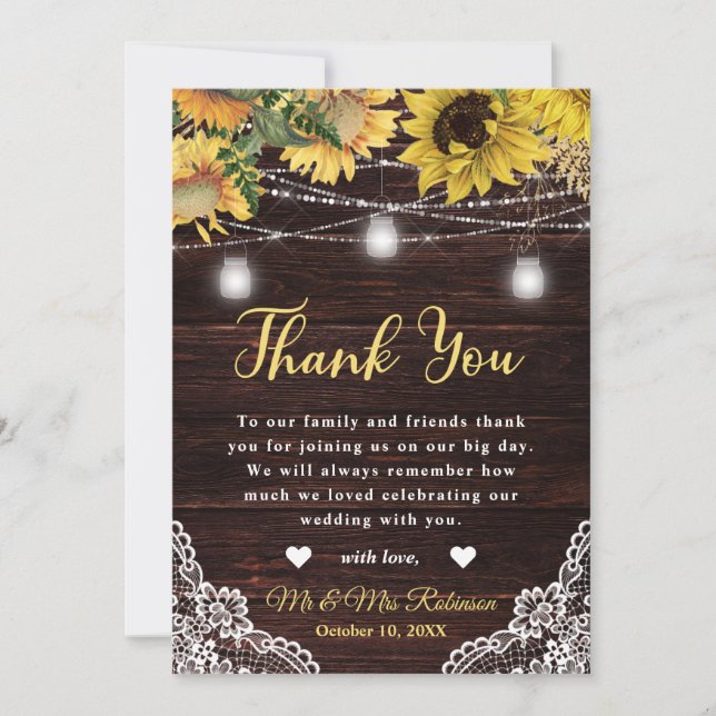 Tarjeta De Agradecimiento Boda Rústico de Girasol y Mason Jar Lights (Anverso)