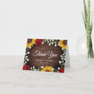 Tarjeta De Agradecimiento Boda Rústico de girasoles Eucalipto Rojas