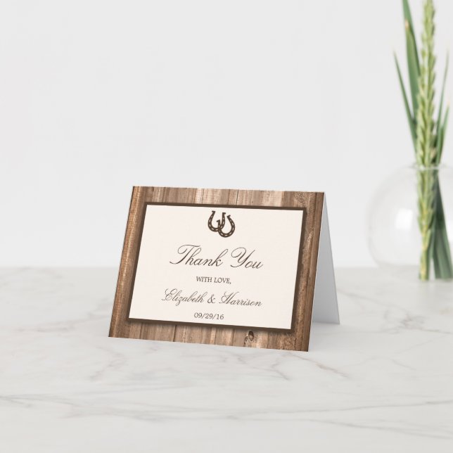 Tarjeta De Agradecimiento Boda Rústico de Herradura y Madera Marrón (Anverso)