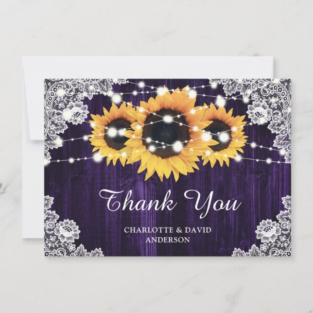 Tarjeta De Agradecimiento Boda Rústico De La Madera Del Sunflower Lace Purpl (Anverso)