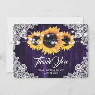 Tarjeta De Agradecimiento Boda Rústico De La Madera Del Sunflower Lace Purpl