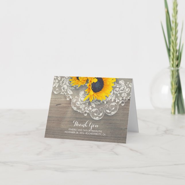 Tarjeta De Agradecimiento Boda Rústico de los girasoles de la madera (Anverso)