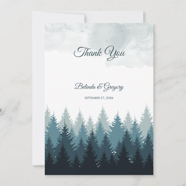 Tarjeta De Agradecimiento Boda Rústico del bosque acuático del árbol del pin (Reverso)